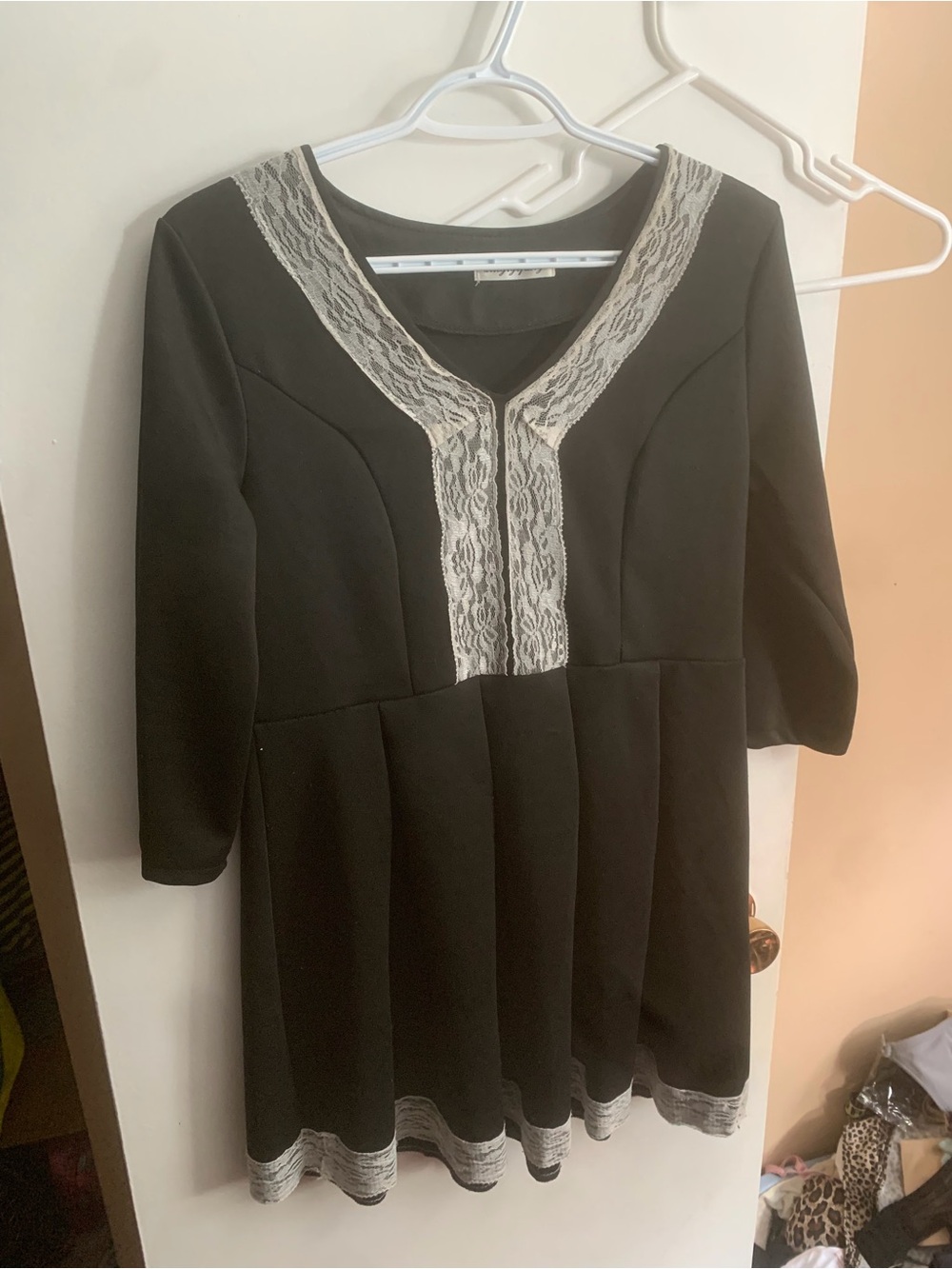 Vintage Black Long Sleeve Dress with Cream Lace Trim - Picture 2 of 5